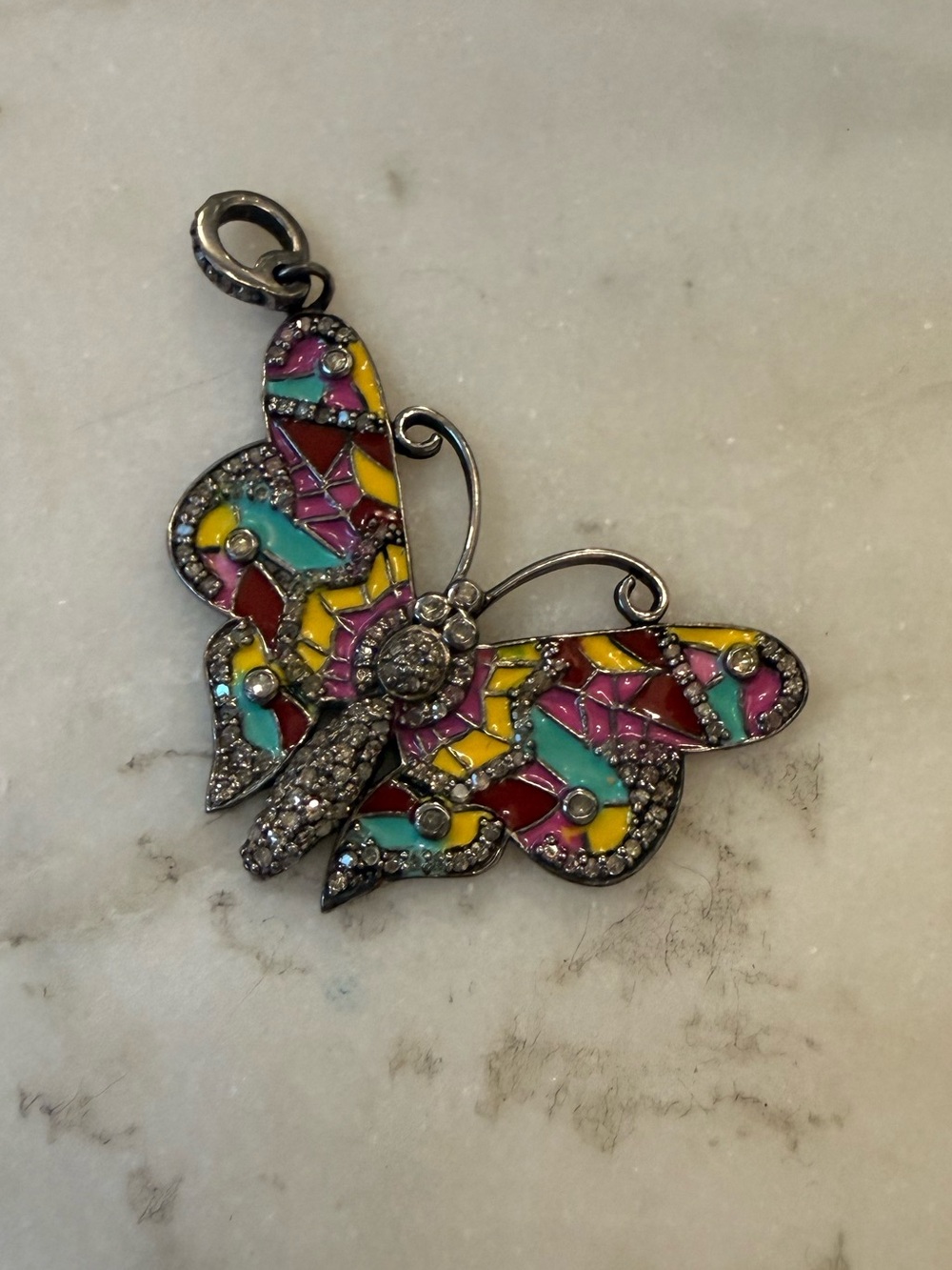 Diamond Butterfly Pendant Multicolor Enamel Pavé Designer Style Charm
